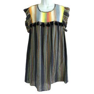Anthropologie THML Babydoll Dress Smock Rainbow Pin Stripe Ruffles Cotton M